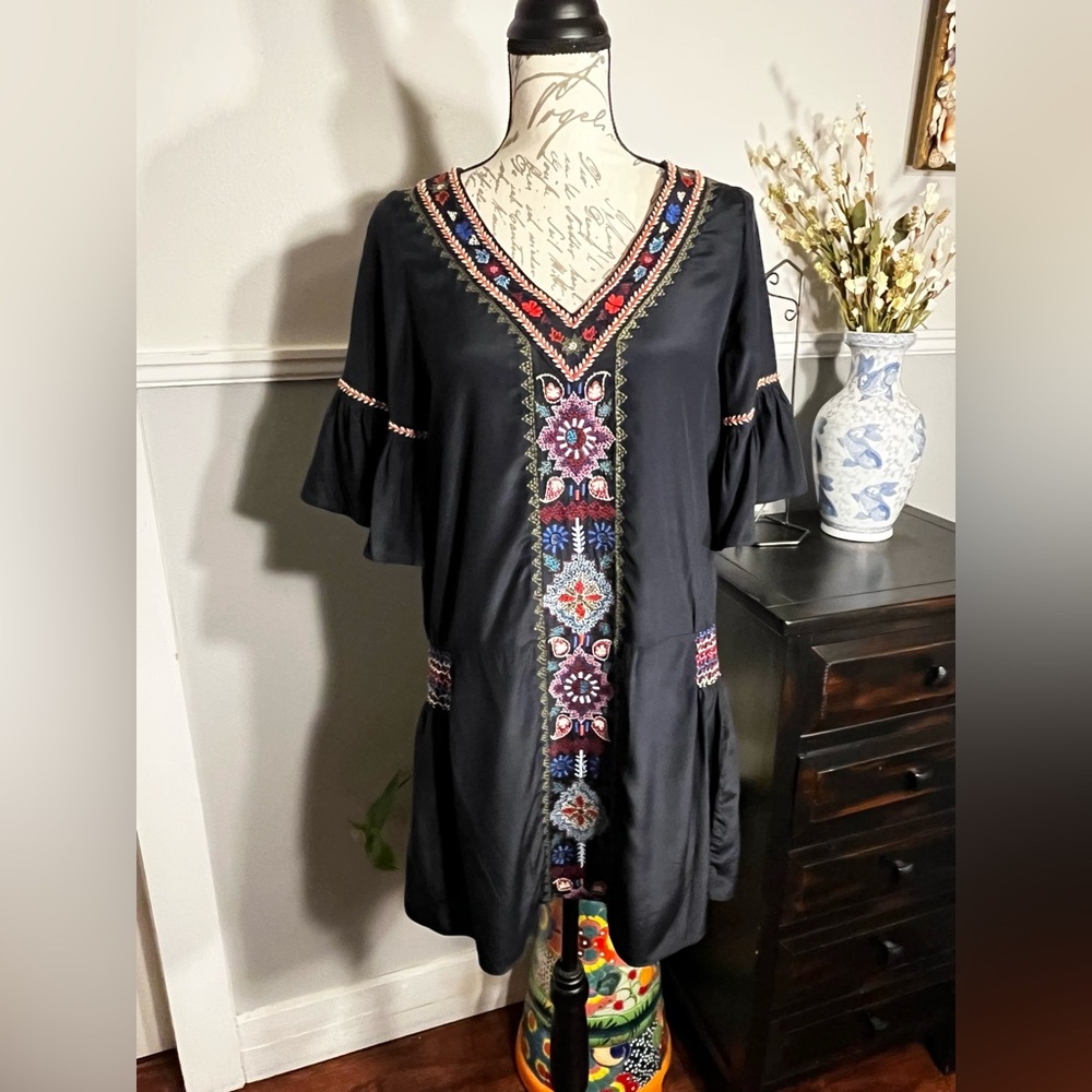 Calypso Saint Barth Silk Embroidered Navy Dress with Floral Accents Mini Small - Picture 6 of 16